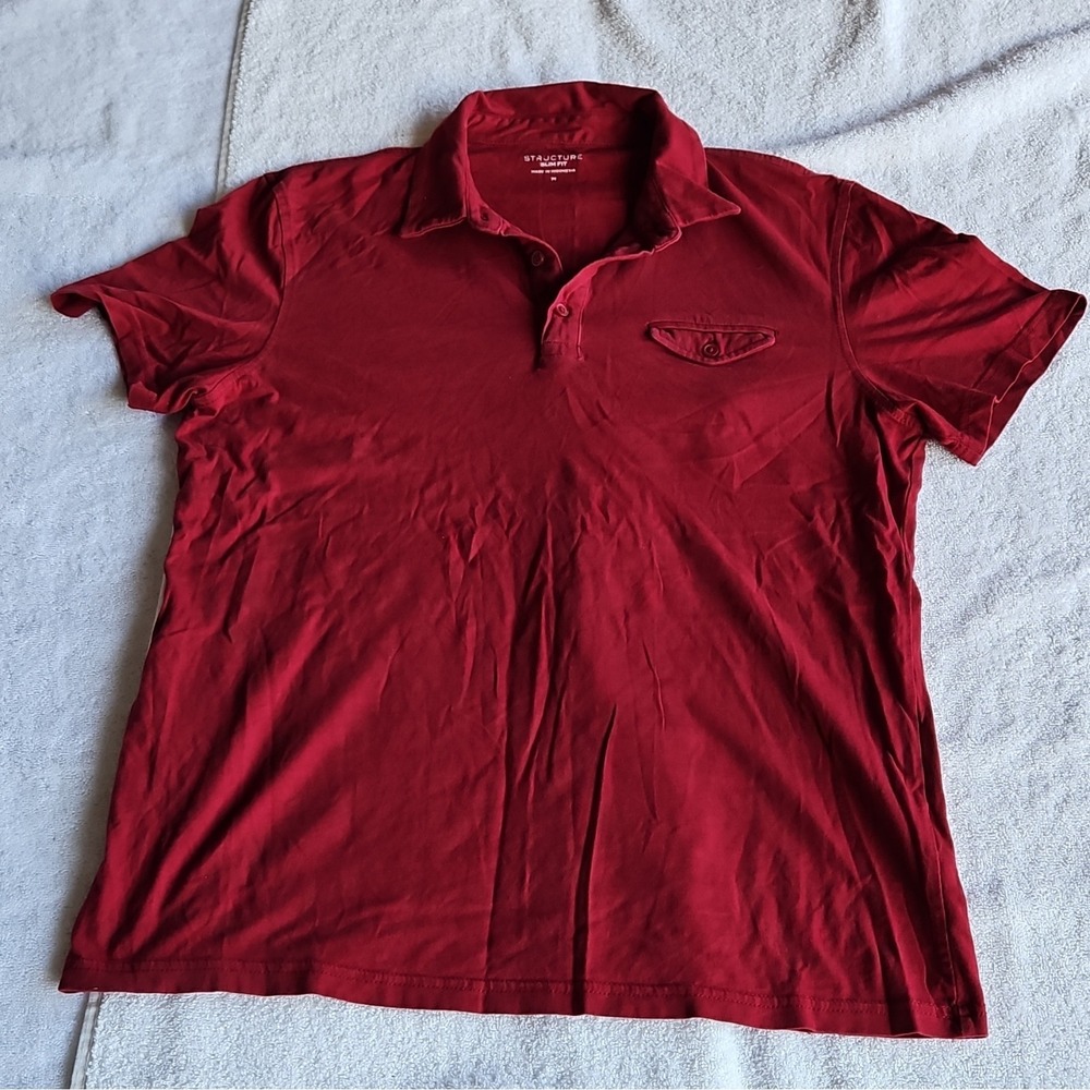 Structure Slim Fit Men's Red Polo Shirt M Short Sleeve Collared Solid Button